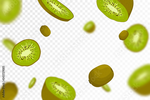 Kiwi background. Flying whole and half of kiwi fruit, seamless pattern with defocused blur effect. Can be used for wallpaper, banner, poster, print, fabric, wrapping paper. Vector flat design