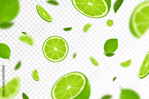 Flying fresh limes and lime slices background, seamless pattern with defocused blur effect. Can be used for wallpaper, banner, poster, print, fabric, wrapping paper. Vector flat design