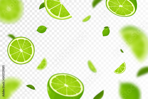 Flying fresh limes and lime slices background, seamless pattern with defocused blur effect. Can be used for wallpaper, banner, poster, print, fabric, wrapping paper. Vector flat design