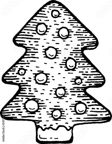 Pine tree cookie gingerbread. Christmas coloring page. Ginger bread vecto. Santa graphic. Xmas biscuit cake. New year, Merry Christmas. Gingerbread sketch. Hand drawn ginger bread. Engraved line ink