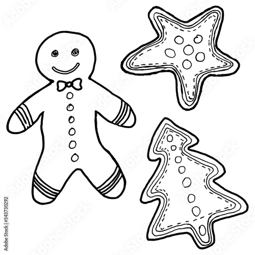 Rough hand-drawn childlike doodle of gingerbread christmas set. Simple vector black and white outline illustration isolated on transparent background