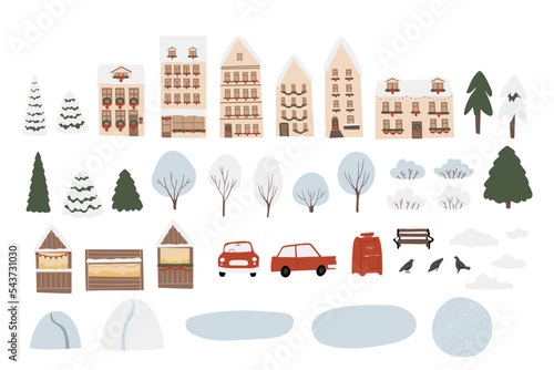 Christmas city clipart, Winter scene creator clipart, winter market illustration, Decorated houses and snowy trees vector in flat style, Christmas car