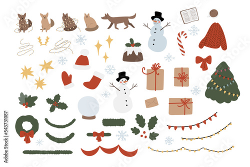 Christmas illustration clipart, Winter scene creator clipart, cat, dog, book, snowman, letter, pie, hat, mitten, sock, gift, sweater, lollipop, mistletoe, snow globe in flat style