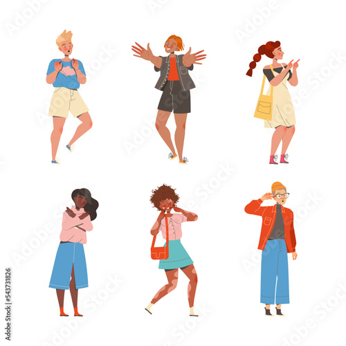 Multiracial positive people with appearance features set. Girls in fashionable clothes doing different gestures cartoon vector illustration