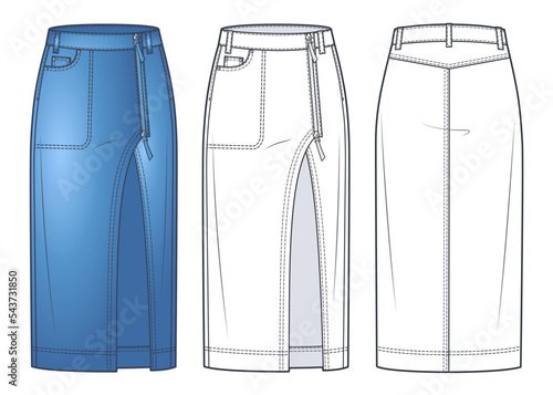Asymmetric Denim Skirt technical fashion illustration, blue design. Midi Skirt fashion flat sketch template, zip up, front pocket, slit, front and back view, white, CAD mockup set.