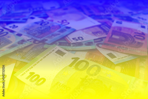 Euro banknotes are colored in the colors of the Ukrainian flag. The concept of European financial assistance to Ukraine.