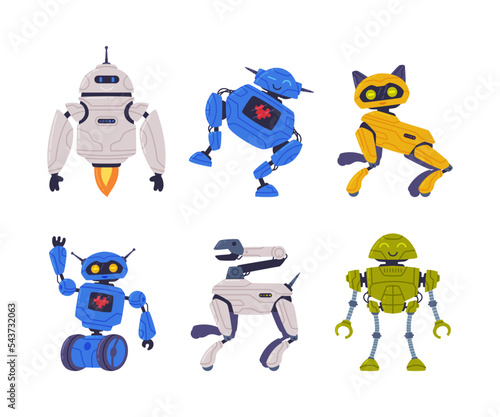 Cute robots cyborg and animal characters set. Artificial intelligence technology cartoon vector illustration