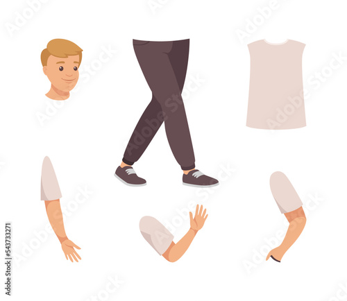 Young man character constructor. Human body parts for full length boy creation. Head, torso, legs, arms, hands vector illustration