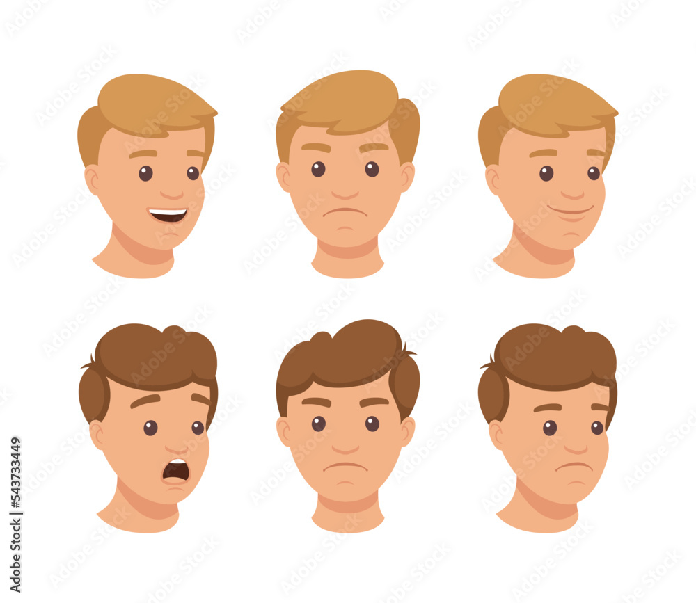 Set of various male emotional faces. Man with different facial expressions, smiling, surprised, cheeful, upset. Young man character creation vector illustration Set of various male emotional faces. Man with different facial expressions, smiling, surprised, cheeful, upset. Young man character creation vector illustration