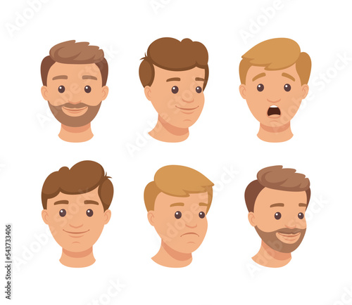 Set of various male emotional faces. Man with different facial expressions. Young man character creation vector illustration