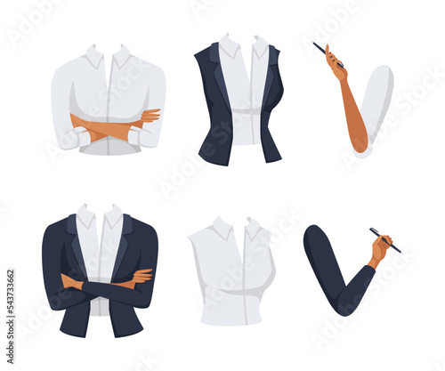 Businesswoman character constructor. Human body parts set. Torso in formal clothing and gesturing hands cartoon vector illustration