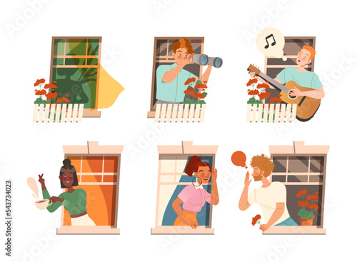 Cheerful looking out of windows set. Happy neighbourhoods characters drinking coffee, talking, looking through binoculars, playing guitar and singing. Stay at home concept vector