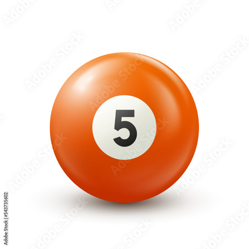Billiard, orange pool ball with number 5 Snooker or lottery ball on white background Vector illustration