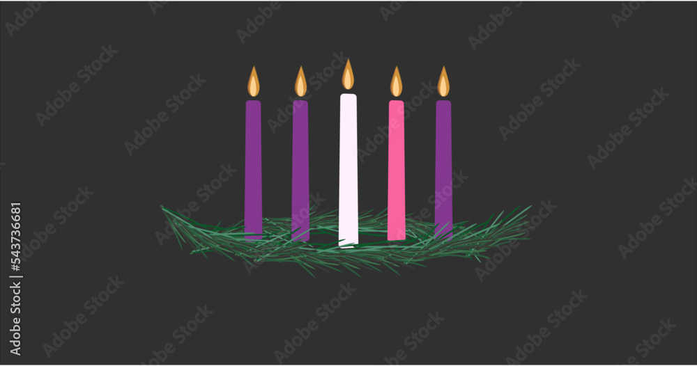 The four purple and pink candles of Advent plus the candle of Christ in
