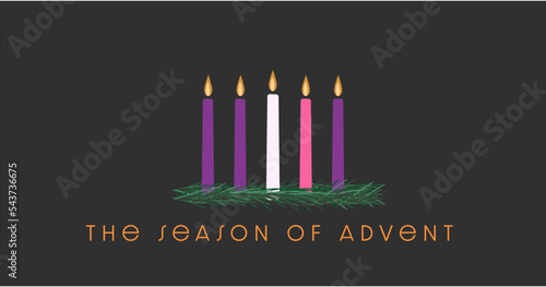 The Season of Advent, with four purple and pink candles of Advent plus the candle of Christ in the center with a wreath.
