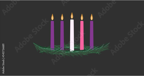 The four purple and pink candles of Advent plus the candle of Christ in the center with a wreath. 