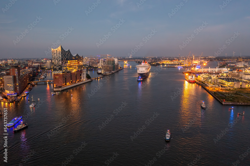 Panorama of the harbor from hamburg with a cruise ship