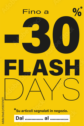 card o banner per i giorni flash fino all'30% di sconto sugli articoli contrassegnati in negozio in nero su sfondo giallo photo