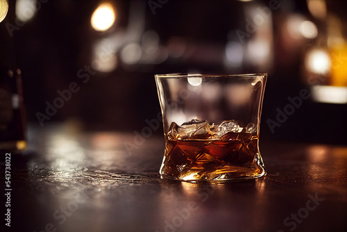 glass of scotch whiskey with ice cubes on a rustic wooden table, copy space in blurred background
