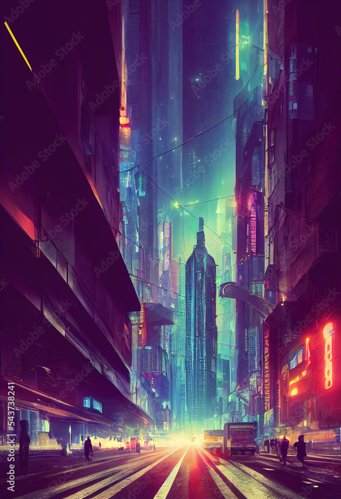 Cyberpunk city view, futuristic city, sci-fi, concept art, illustration