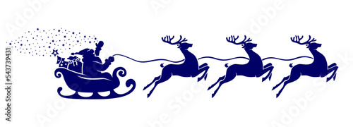 Silhouette of Santa Claus riding in a sleigh with a Christmas tree and gifts pulled by reindeer. Vector on transparent background
