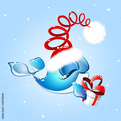 Cartoon cute whale Santa holding Christmas gift box in his fins under winter snowfall