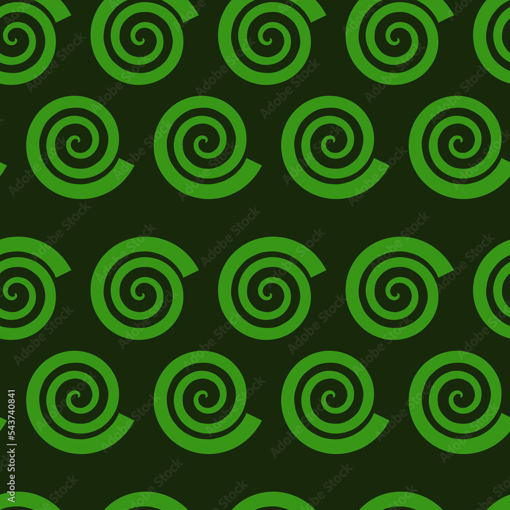 Black surface with green spiral ornament. Vector seamless pattern. Background illustration, decorative design for fabric or paper. Ornament modern