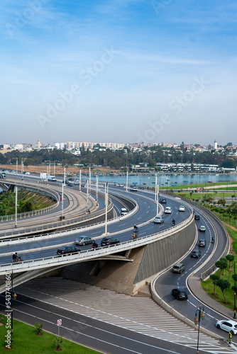 Modern tram and cars passing over Hassan II bridge in Rabat, Morocco