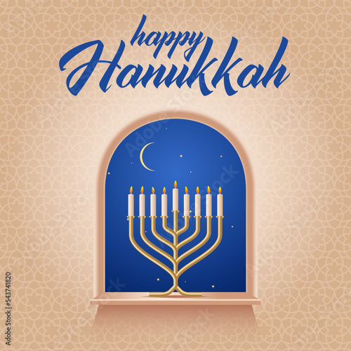 Hanukkah menorah traditional candelabrum standing on the window sill against the background of the night sky with lettering text Happy Hanukkah vector illustration