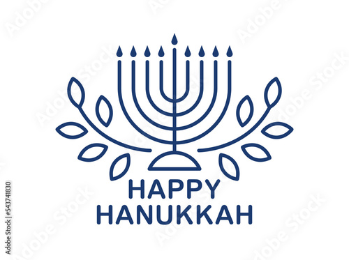 Jewish Hanukkah menorah, olive branches and text Happy Hanukkah for Jewish holiday festival of light, simple outline style vector illustration