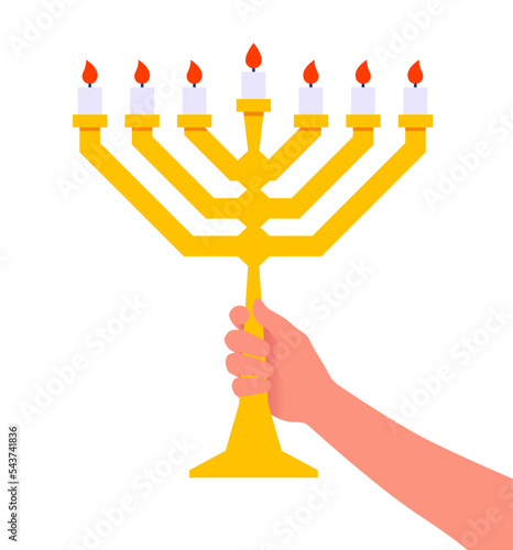 Hand hold golden big Jewish menorah vector illustration