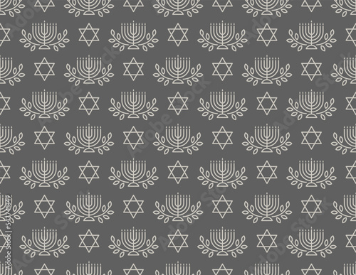 Hanukkah menorah with branches olive and star of David in line style seamless pattern vector illustration