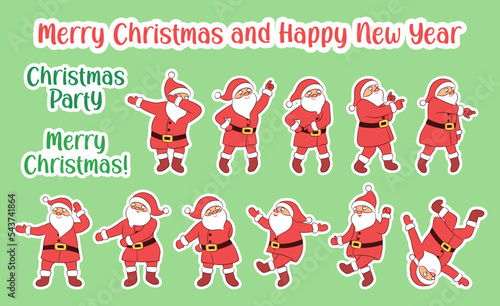 Fun Santa Claus dancing character set. Winter party active old senior man. Quirky Santa funky gnome crazy dance Christmas stickers. 