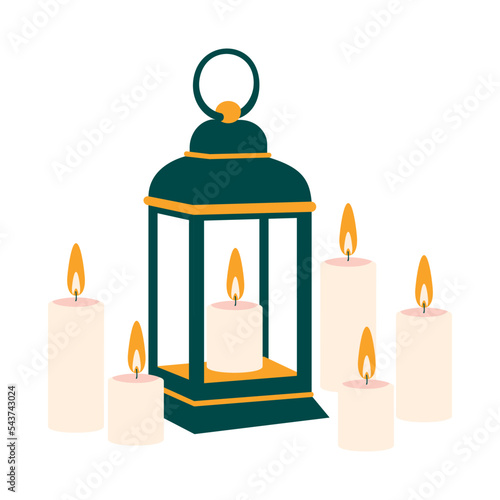 Antique green lamp with a lot of lit candles on a white background. Romantic and religious illustration for a postcard. Vector.