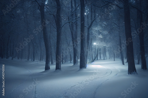 A dark winter forest covered with snow