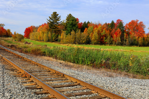 Tracks in fall landscape eastern townships Bromont Quebec province Canada
