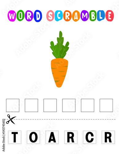 Carrot Word scramble . Educational game for kids. English language spelling worksheet for preschool children