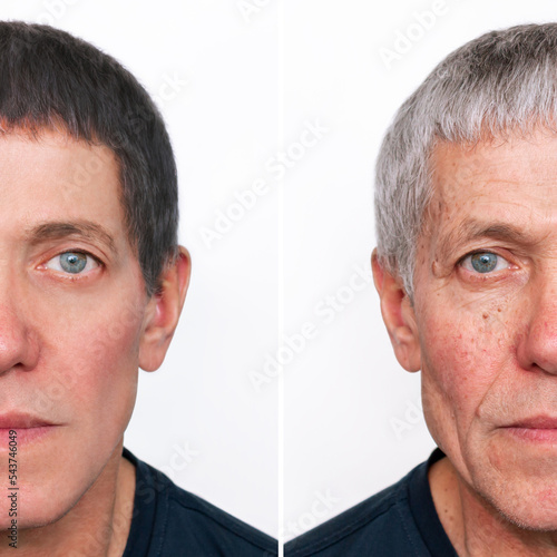 Comparison of the face of young and aged men on a white background. Youth, old age. The process of aging and rejuvenation. Beauty treatments and lifting. Age-related changes, appearance of wrinkles photo