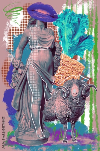 Obraz na płótnie Creative contemporary modern psychedelic concept art collage. Concept of unhappy love. Antique statue of a woman with lips instead of a head and a ram standing nearby. Mismatch of the worlds, marriage w salonie