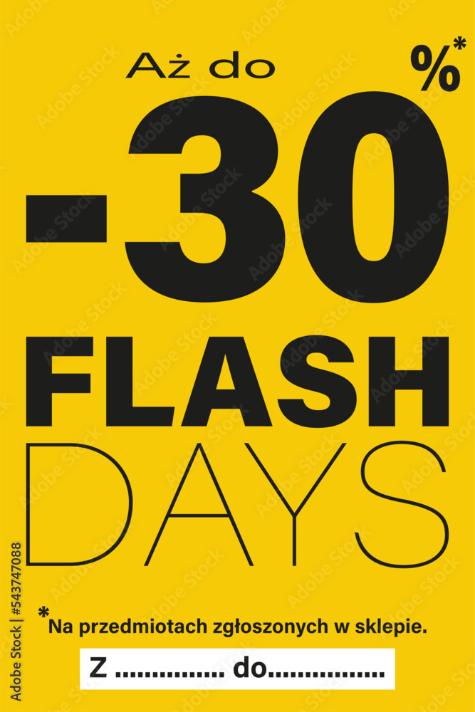 kartka lub baner na dni flash do 30% zniżki na przedmioty oznaczone w sklepie na czarno wszystko na żółtym tle - obrazy, fototapety, plakaty 