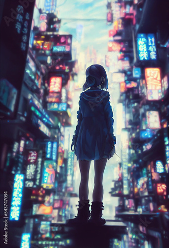 Tokyo City by Night, Anime and Manga drawing illustration, city ​​views, characters looking at the city