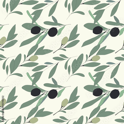 seamless vector pattern - olive twigs with olives drawn by hand