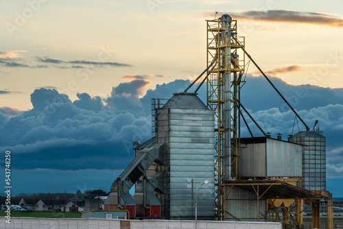 silver silos on agro manufacturing plant for processing drying cleaning and storage of agricultural products, flour, cereals and grain. Large iron barrels of grain. Granary elevator