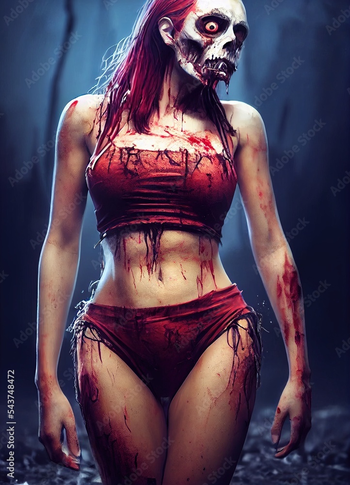 Sexy hot female zombie in bikini underwear crop top panties outfit, blood  skull rotting flesh Stock Illustration | Adobe Stock