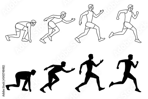 Conjunto de atleta corriendo. Poses de atleta para comenzar la carrera. Deporte, atletismo. Ilustración vectorial