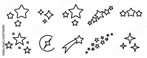 Conjunto de iconos de estrellas, brillo y luces. Estrellas decorativas. Ilustración vectorial