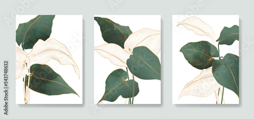 Hand drawn abstract luxury art background with hand drawn tropical palm leaves with golden line elements. Botanical ink set for decor, print, textile, wallpaper.