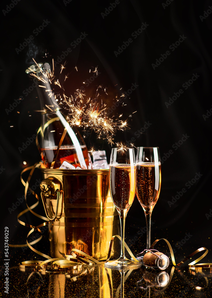 Golden Bucket with champagne, two glasses and a golden serpentine on a black background