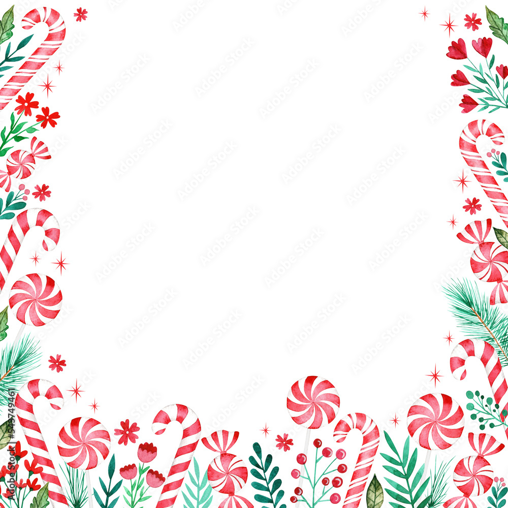 Watercolor Peppermint Candy Cane Border Frame with Flowers Stock