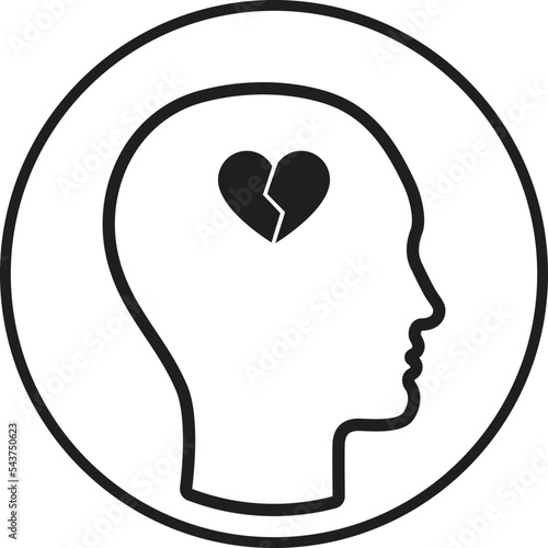 Fototapeta Naklejka Na Ścianę i Meble -  Human with broken heart in head. Failed romantic love or mental disorder icon.